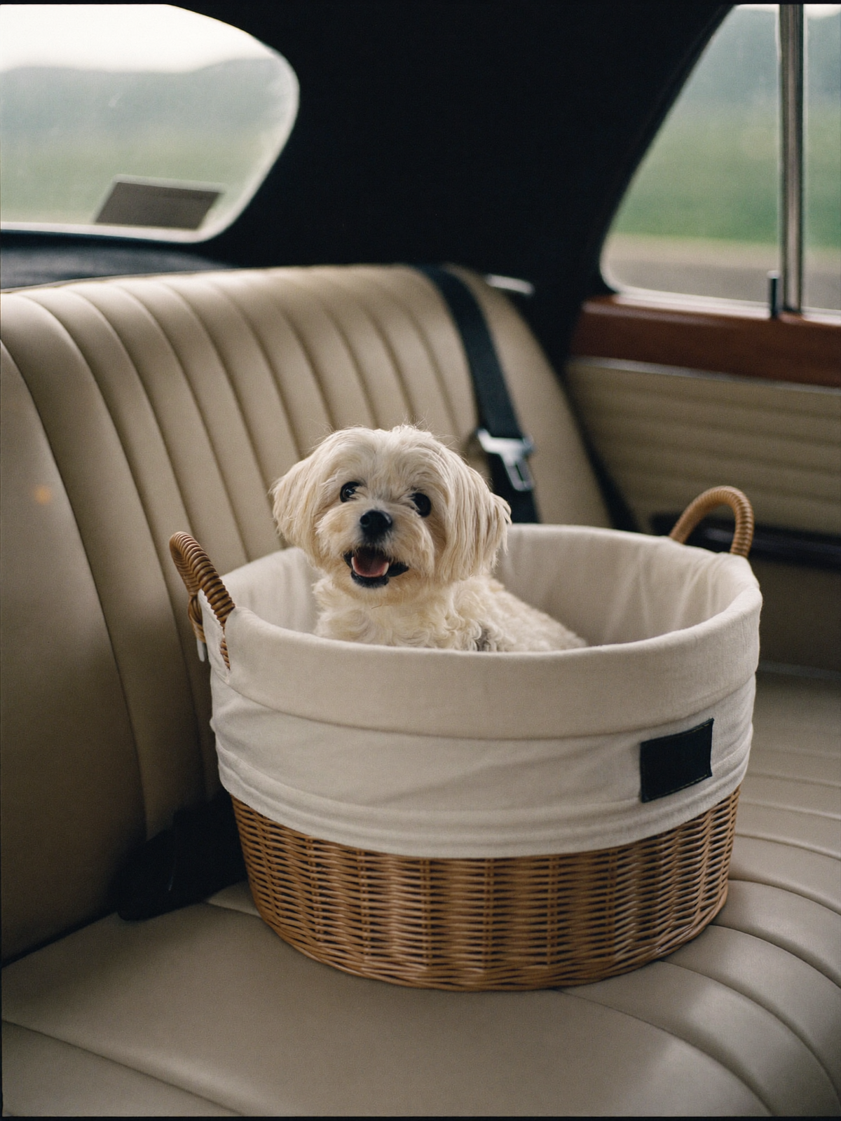 A Maltese travelling in a linen-lined basket