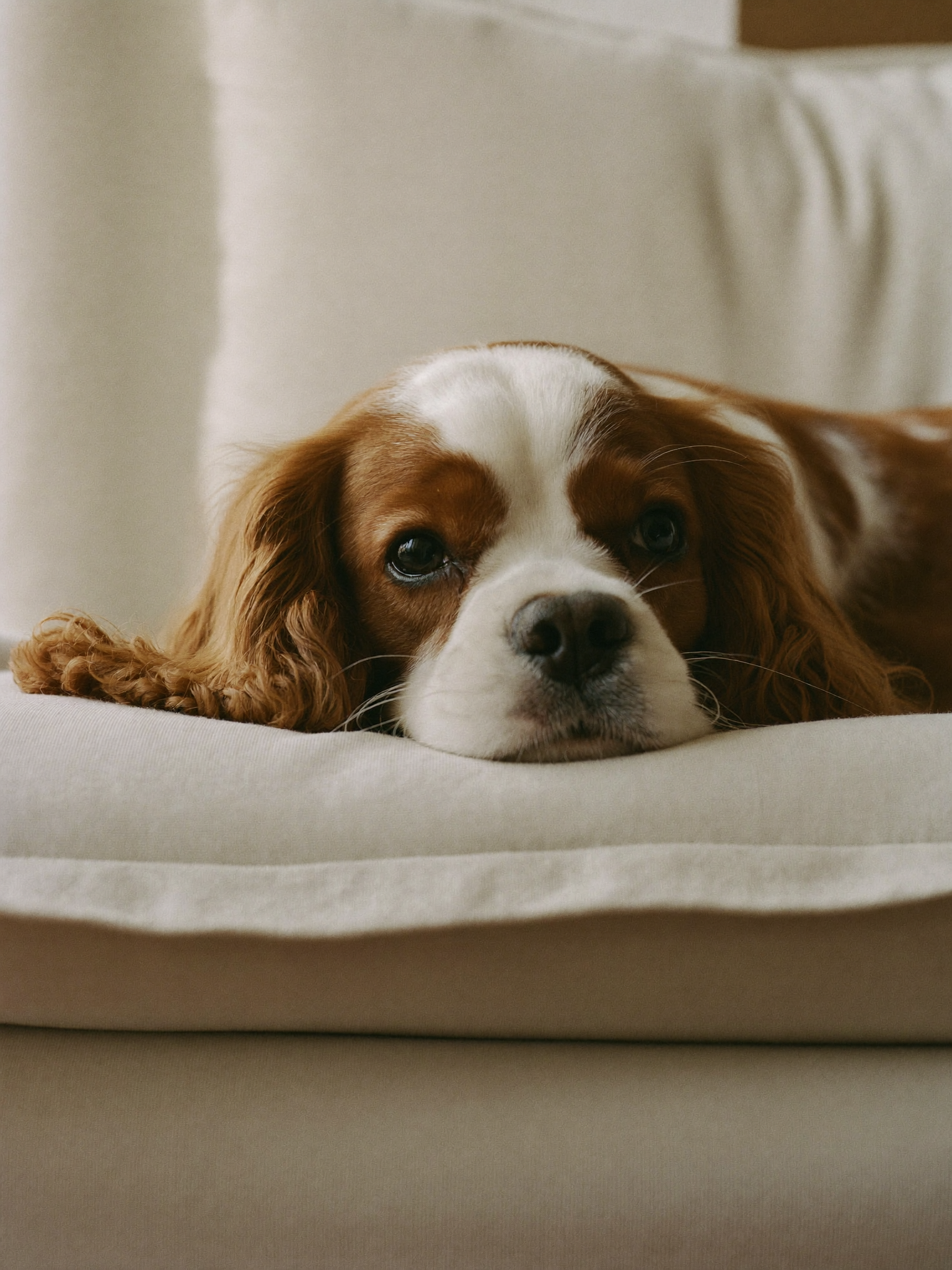 A Cavalier King Charles spaniel resting on a linen cushion