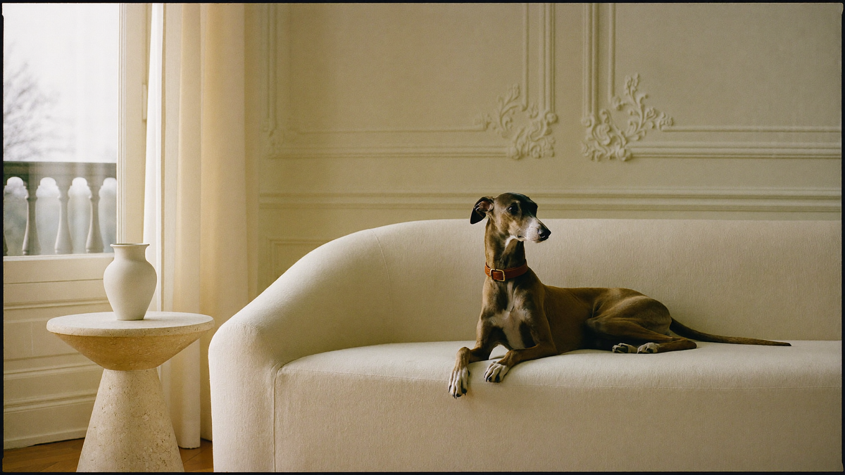An Italian greyhound in a leather collar resting on a cream sofa in a Paris apartment
