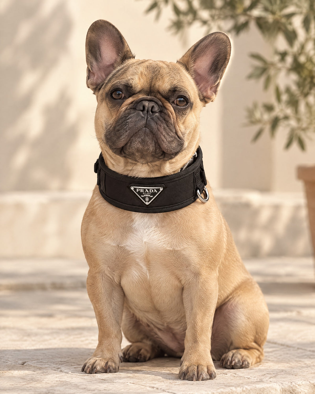 Re-Nylon Pet Collar in black, worn by a French bulldog