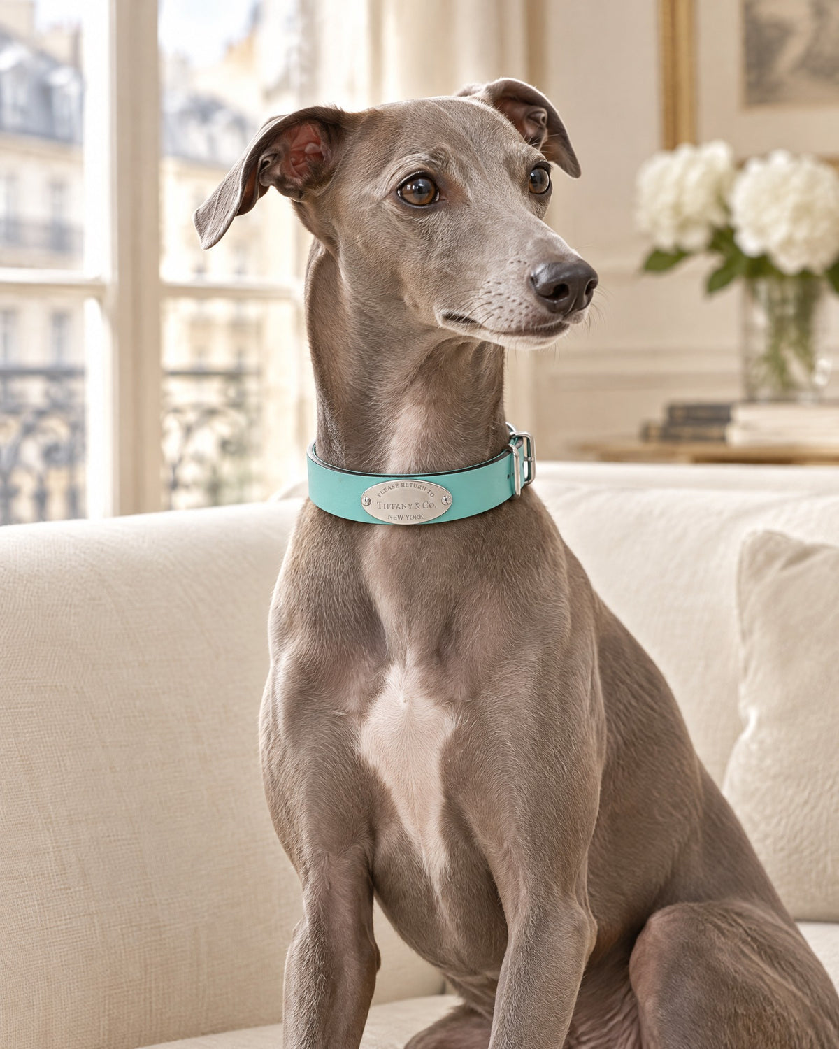 Tiffany & Co. Return to Tiffany Dog Collar in Tiffany Blue, worn by an Italian greyhound